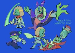 1girl 3boys beret black_eyes black_hair blonde_hair blue_background boots brooch cackletta cape clenched_teeth fawful forehead_jewel glasses gloves hat highres jewelry mario_&amp;_luigi:_superstar_saga mario_&amp;_luigi_rpg mario_(series) mask multiple_boys multiple_views nintendo popple prince_peasley rapier rinabe_(@rfufvas3phbxkxa) sharp_teeth sheath shirt spiral striped_clothes striped_shirt sword teeth tongue tongue_out weapon witch yellow_eyes