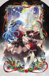 2girls absurdres arm_up ascot back_bow bang_dream! bang_dream!_it&#039;s_mygo!!!!! belt beret black_background black_bow black_capelet black_corset black_overskirt black_pantyhose black_ribbon black_skirt black_sleeve_cuffs black_wrist_cuffs blue_butterfly blue_hair border bow brown_belt bug butterfly buttons cage capelet chinese_commentary colored_eyelashes commentary_request corset cropped_legs dancing earrings eye_contact face-to-face fading_border floating_hair flower foliage frilled_corset frilled_wrist_cuffs frills full_moon gloves gold_trim green_brooch green_hair grey_gloves hair_ribbon hat highres holding_hands insect interlocked_fingers jewelry latin_text layered_skirt legs_apart long_hair long_sleeves looking_at_another moon mortis_(bang_dream!) mortis_(costume)_(bang_dream!) multiple_girls neck_ruff oblivionis_(bang_dream!) open_mouth outstretched_arm pantyhose pantyhose_under_shorts parted_bangs pillar plant puffy_long_sleeves puffy_short_sleeves puffy_sleeves red_capelet red_flower red_hat red_ribbon red_rose red_shorts ribbon rose second-party_source short_sleeves shorts sideways_mouth skirt smile tanco_sae teeth togawa_sakiko two-tone_background upper_teeth_only very_long_hair vines wakaba_mutsumi white_ascot white_background white_butterfly white_petticoat white_skirt wrist_cuffs yellow_eyes yuri