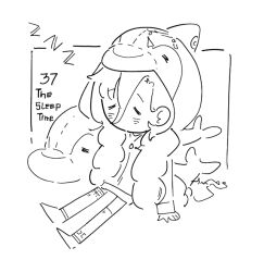 1girl 37_(reverse:1999) alternate_costume arm_support chibi closed_eyes daku_k dolphin_costume english_text full_body greyscale highres lineart monochrome reverse:1999 sitting sleeping sleeping_upright solo stuffed_animal stuffed_dolphin stuffed_toy white_background zzz