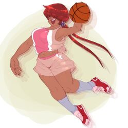 1girl 1shermieaday ball basketball basketball_(object) breasts curvy dark-skinned_female dark_skin earrings female_focus hand_up heart huge_breasts jewelry large_breasts leg_up long_hair open_mouth playing_sports ponytail red_hair shermie_(kof) shirt shoes shorts sleeveless smile smiley_face sneakers socks sportswear tan tank_top the_king_of_fighters thick_thighs thighs twintails wide_hips