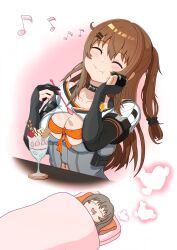 Rule 34 | 1girl, :t, absurdres, black gloves, breasts, brown hair, cleavage, closed eyes, commentary request, dreaming, drooling, eating, food, girls&#039; frontline, girls&#039; frontline 2: exilium, gloves, hand on own cheek, hand on own face, highres, holding, holding spoon, k2 (girls&#039; frontline), long hair, monta818, musical note, parfait, partially fingerless gloves, sidelocks, sleeping, smile, spoon, table, yoohee (girls&#039; frontline 2)