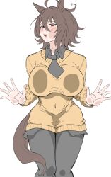 Rule 34 | 1girl, against fourth wall, agnes tachyon (umamusume), ahoge, animal ears, black necktie, black pantyhose, black shirt, blush, breasts, brown hair, collared shirt, commentary request, highres, horse ears, horse girl, horse tail, large breasts, long sleeves, looking at viewer, messy hair, miya nns35, necktie, open mouth, pantyhose, red eyes, shirt, short hair, short necktie, simple background, solo, sweater, tail, umamusume, white background, yellow sweater