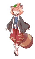 1girl :d ^_^ alphes_(style) animal_ears black_kimono black_sandals blue_shirt closed_eyes commentary_request dairi facing_viewer full_body japanese_clothes kimono large_variant_set leaf leaf_on_head long_sleeves okobo open_clothes open_kimono open_mouth orange_hair parody platform_sandals raccoon_ears raccoon_girl raccoon_tail red_shorts sandals shirt short_hair shorts smile socks solo standing style_parody tabi tachi-e tail tanuki_mob_(touhou) thick_eyebrows touhou transparent_background variant_set white_socks wide_sleeves
