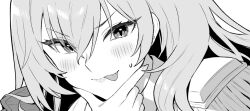 1girl :p azur_lane azur_lane:_slow_ahead blush ear_piercing epaulettes greyscale hair_between_eyes hand_on_own_chin hori_(hori_no_su) lion_(azur_lane) looking_at_viewer monochrome official_art piercing simple_background single_epaulette solo sweatdrop tongue tongue_out upper_body white_background