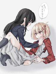 Rule 34 | 2girls, between legs, black hair, black socks, blonde hair, blue dress, blue ribbon, blush, commentary, dress, grey background, hair ribbon, hand on another&#039;s shoulder, highres, inoue takina, kneehighs, kneeling, long hair, long sleeves, looking at another, lycoris recoil, lycoris uniform, medium hair, multiple girls, neck ribbon, nishikigi chisato, one side up, pleated skirt, purple eyes, reclining, red dress, red eyes, red ribbon, ribbon, shadow, simple background, skirt, socks, speech bubble, sweat, syonosuke9573, translated, yuri