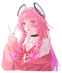 1girl absurdres alternate_costume black_choker blue_eyes blush bow bowtie braid choker citlali_(genshin_impact) clothes_pull collarbone commentary eyelashes eyeshadow facial_mark floating_headgear forehead_mark genshin_impact hair_between_eyes hair_bow headgear heart heart_print highres jacket jewelry long_hair long_sleeves looking_at_viewer makeup open_mouth pink_hair pink_nails pink_pupils pink_sweater ring school_uniform shirt simple_background solo striped_bow striped_bowtie striped_clothes sweater sweater_jacket sweater_pull triangle triangle_facial_mark twin_braids twitter_username upper_body v white_background white_shirt xiisalt