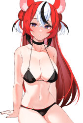 1girl animal_ears bikini black_hair blue_eyes breasts cleavage collarbone hakos_baelz highres hololive hololive_english large_breasts lessone long_hair looking_at_viewer mouse_ears mouse_girl multicolored_hair navel parted_lips red_hair solo streaked_hair swimsuit thighs twintails virtual_youtuber white_hair