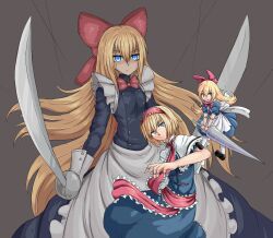 3girls alice_margatroid blonde_hair blue_dress blue_eyes blush bow breasts capelet doll dress dual_wielding frills giant goliath_doll hair_bow hairband highres holding holding_sword holding_weapon long_hair multiple_girls puppet puppet_strings red_bow ribbon shanghai_doll sheepapp short_hair simple_background sword touhou weapon