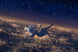 1girl angel_wings arms_up au_ito barefoot city_lights commentary_request dress dutch_angle falling falling_feathers feathers floating_hair halo highres horizon long_hair night night_sky original sky sleeveless sleeveless_dress solo star_(sky) starry_sky traditional_halo white_dress white_hair white_wings wide_shot wings