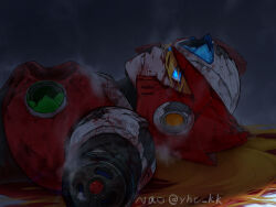 Rule 34 | 1boy, absurdres, amputee, android, armor, battle damage, blonde hair, blue eyes, broken armor, broken helmet, chest jewel, forehead jewel, helmet, highres, long hair, lying, male focus, mega man (series), mega man x (series), nao (gatita), on back, red helmet, solo, zero (mega man)