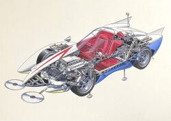 absurdres brown_background car car_interior circular_saw engine highres mach_5 mach_go_go_go motor_vehicle no_humans race_vehicle racecar saw signature steering_wheel vehicle_focus x-ray yamada_jiro_(artist)