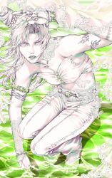 1girl adapted_costume arm_tattoo armlet bare_shoulders barefoot birthmark bracelet breasts bug butterfly butterfly_ornament cleavage commentary cone_hair_bun double_bun english_commentary full_body gem gloves green_nails green_water hair_bun highres insect jewelry joestar_birthmark jojo_no_kimyou_na_bouken kuujou_jolyne lace lace-trimmed_gloves lace_gloves lace_trim long_hair looking_at_viewer makeup midriff multiple_rings pants parted_bangs parted_lips ring solo spot_color squatting stone_ocean strapless tattoo water zhhy3324