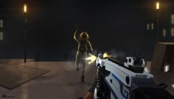 Rule 34 | 2others, absurdres, ammunition belt, ammunition box, anchor, backlighting, black gloves, building, dated, dated commentary, diving helmet, diving suit, dock, dry suit, firing, fog, full body, gloves, gogo (gogo 23), gun, h&amp;k hk121, helmet, highres, holding, holding anchor, lamppost, light machine gun, machine gun, mooring post, motion blur, multiple others, muzzle flash, night, original, pier, pov, signature, water, weapon, wooden box