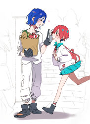 Rule 34 | 1boy, 1girl, absurdres, amate yuzuriha, ando chi, aqua eyes, aqua shirt, aqua skirt, bag, blue hair, blush, breasts, closed mouth, collared shirt, colored inner hair, gloves, gundam, gundam gquuuuuux, highres, holding, long sleeves, multicolored hair, multiple girls, necktie, open mouth, purple hair, red hair, school bag, school uniform, shirt, short hair, shuji ito, skirt, smile, sweater, tank top, two-tone hair, white shirt