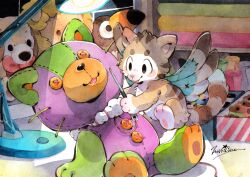 1other animal_ears animal_feet animal_hands animalk brown_eyes brown_fur buttons cat_ears cat_tail chibikemo commentary commission english_commentary furry highres holding_sewing_needle indoors lamp original other_focus pawpads sewing signature solo stuffed_animal stuffed_cat stuffed_toy stuffing tail wings