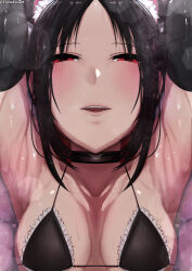Rule 34 | 1girl, absurdres, armpits, arms up, bikini, black bikini, black hair, collarbone, frilled bikini top, half-closed eyes, highres, kaguya-sama wa kokurasetai ~tensai-tachi no renai zunousen~, neck ribbon, parted bangs, red eyes, red ribbon, ribbon, shinomiya kaguya, shiny skin, swimsuit, tomodachi (tomofanart)