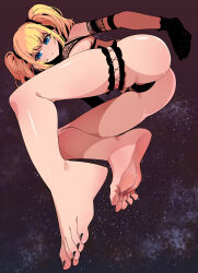 1girl absurdres ani_(xai) ass barefoot blonde_hair blue_eyes feet highres long_hair panties soles toes twintails underwear xai_(company) yetai_shui