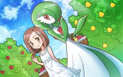 2girls basket blue_sky blush bob_cut brown_eyes brown_hair bush cloud colored_skin dress gardevoir gen_3_pokemon green_hair green_skin hair_over_one_eye holding holding_basket isshi_pyuma multicolored_skin multiple_girls nintendo outdoors pink_eyes pokemon pokemon_(creature) sky smile two-tone_skin white_dress white_skin