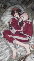 Rule 34 | 1boy, barefoot, biting own lip, black tank top, blanket, blush, bonnouji momoha, book, bottle, brown hair, collarbone, crumpled paper, curled up, dirty, dr.k (doctorkodok), fang, full body, genderswap, genderswap (ftm), hair between eyes, hand on own chin, head on pillow, highres, holding, holding bottle, jacket, kimi no koto ga dai dai dai dai daisuki na 100-nin no kanojo, leg hair, lid, looking at viewer, male focus, medium hair, messy hair, off-shoulder jacket, off shoulder, orange eyes, pants, paper, pectoral cleavage, pectorals, pen, pillow, red jacket, red pants, sleeves past fingers, sleeves past wrists, solo, tank top, tissue box, track jacket, track pants, track suit, trash, used tissue, water bottle, wine bottle, wolf cut, zipper, zipper pull tab