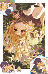 2girls ? absurdres animal_ears belle_(delicate_daylight)_(zenless_zone_zero) belle_(zenless_zone_zero) blonde_hair blue_hair chibi closed_eyes closed_mouth green_eyes hair_ornament highres hug ju_fufu letter_hair_ornament long_hair long_sleeves looking_at_viewer multiple_girls multiple_views smile spoken_question_mark tail tiger_ears tiger_girl tiger_tail upside-down yajuu zenless_zone_zero