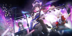 4girls absurdres airi_(band)_(blue_archive) airi_(blue_archive) animal_ears animal_print arm_up black_hair black_jacket black_mask blonde_hair blue_archive blue_jacket blunt_bangs blunt_ends blush brown_hair brown_jacket cat_ears cat_print closed_eyes closed_mouth clothes_around_waist colored_inner_animal_ears colored_inner_hair drum drumsticks from_below green_eyes guitar hair_ribbon hayate_(1034853996) highres holding holding_drumsticks holding_guitar holding_instrument holding_microphone instrument jacket jacket_around_waist jewelry kazusa_(band)_(blue_archive) kazusa_(blue_archive) keyboard_(instrument) long_hair looking_at_viewer looking_to_the_side low_twintails mask microphone mouth_mask multicolored_hair multiple_girls multiple_rings music natsu_(band)_(blue_archive) natsu_(blue_archive) official_alternate_costume official_alternate_hairstyle open_mouth parted_bangs pink_hair playing_instrument pleated_skirt red_jacket red_ribbon ribbon ring shirt short_hair sidelocks skirt slit_pupils smile surgical_mask t-shirt thigh_strap twintails two-tone_hair very_long_hair white_shirt white_skirt yellow_eyes yoshimi_(band)_(blue_archive) yoshimi_(blue_archive)