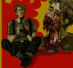1boy american_flag american_flag_print arm_hair backpack bag bags_under_eyes beard_stubble belt blonde_hair blood blood_on_clothes blood_on_face blood_splatter bracelet broken_skull bruise bruise_on_arm closed_eyes crossed_ankles crying exploded_head exposed_bone facial_hair flag_print full_body gloves gun gun_to_chin guro handgun highres holding holding_gun holding_weapon imminent_suicide injury jewelry male_focus multiple_views nekromaxxing open_mouth original shoes short_hair single_glove sneakers stubble suicide weapon