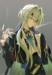 1boy anaxa_(honkai:_star_rail) angry artist_name blue_jacket blue_pants blurry blurry_foreground closed_mouth collared_jacket collared_shirt commentary english_commentary eyepatch glaring green_eyes green_hair grey_background hair_between_eyes hair_over_shoulder hand_tattoo hand_up highres honkai:_star_rail honkai_(series) jacket jewelry keroshoku long_hair long_sleeves looking_to_the_side low_ponytail multiple_rings pants ponytail ring shirt simple_background solo standing tattoo twitter_username