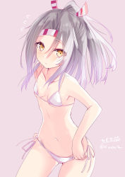 1girl absurdres bikini blush grey_hair hachimaki headband high_ponytail highres hizaka kantai_collection light_brown_hair long_hair looking_at_viewer micro_bikini panties ponytail side-tie_bikini_bottom side-tie_panties solo swimsuit translation_request underwear white_bikini yellow_eyes zuihou_(kancolle)