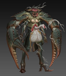 1girl absurdres arms_at_sides arthropod_girl black_sclera body_horror brain breasts carapace claws colored_sclera crab_girl exposed_brain expressionless extra_arms gradient_background guro highres horror_(theme) mcrc_science medium_breasts monster_girl open_mouth original parasite pincers red_eyes solo spines standing teeth tentacles