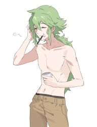 1boy brown_pants closed_eyes collarbone commentary_request cowboy_shot creatures_(company) cup game_freak green_hair hand_up highres holding holding_cup korean_commentary long_hair male_focus male_underwear male_underwear_peek n_(pokemon) navel nintendo p_(flavorppp) pants pokemon pokemon_bw simple_background sleepy solo squeans toothbrush toothbrush_in_mouth topless_male underwear white_background