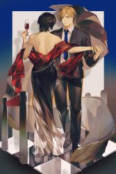 1boy 1girl ada_wong alternate_costume back backless_dress backless_outfit bare_shoulders black_dress black_hair black_jacket black_pants blonde_hair blue_necktie checkered_floor closed_mouth collared_shirt commentary cup dancing dress drink drinking_glass english_commentary from_side full_body highres holding holding_cup holding_drink holding_hands jacket kurumi031212 leon_s._kennedy looking_at_another necktie open_clothes open_jacket pants resident_evil shirt short_hair suit_jacket white_shirt