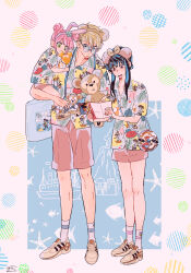 1boy 2girls absurdres animal_ears anya_(spy_x_family) awarinko black_hair blonde_hair brown_shoes character_print chip_&#039;n_dale_rescue_rangers chip_(disney) collared_shirt dale_(disney) disney double_bun dress_shirt fake_animal_ears food hair_bun highres holding holding_food long_hair mickey_mouse minnie_mouse multiple_girls novelty_glasses parted_lips pink_hair pink_shorts print_shirt rabbit_ears red_eyes shirt shoes short_shorts shorts socks spy_x_family standing stuffed_animal stuffed_toy teddy_bear twilight_(spy_x_family) white_socks yor_briar