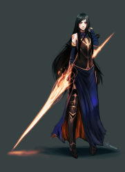 1girl armor bare_shoulders black_hair blue_eyes boots breastplate bridal_gauntlets castlevania:_order_of_ecclesia castlevania_(series) dress energy_blade female_focus full_body glowing glowing_weapon goth_fashion greaves highres long_hair magic roguetwo shanoa_(castlevania) shoes signature simple_background smile solo standing tattoo thigh_boots thighhighs very_long_hair weapon