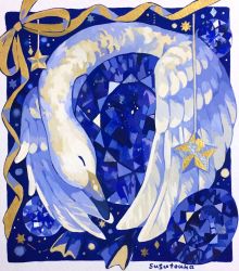 acrylic_paint_(medium) animal animal_focus artist_name bird border constellation crystal diamond_(shape) closed_eyes highres no_humans hugging_object orange_ribbon original outside_border painting_(medium) ribbon signature star_(symbol) susutouka swan topaz_(gemstone) traditional_media white_border