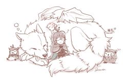 Rule 34 | 1girl, 4others, :&gt;, ahoge, animal (nanashi mumei), as (bisection), belt, brown capelet, brown cloak, brown corset, brown gloves, brown hair, cape, capelet, cloak, closed eyes, corset, cuddling, feather hair ornament, feathers, friend (nanashi mumei), gloves, hair ornament, hololive, hololive english, hooman (nanashi mumei), hootsie (nanashi mumei), lantern, leaning on animal, long hair, multicolored hair, multiple others, nanashi mumei, nanashi mumei (1st costume), ponytail, red skirt, ribbon, skirt, sleeping, smile, squeans, streaked hair, tongue, tongue out, very long hair, virtual youtuber