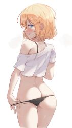 ass bra butt_crack clothes_pull highres hololive hololive_english panties panty_pull see-through_clothes shironekokfp smile thong underwear undressing watson_amelia