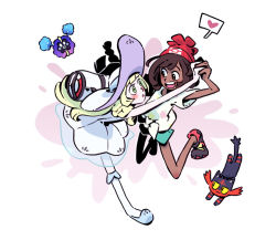 2girls bag bare_legs beanie blonde_hair blunt_bangs braid brown_eyes brown_hair cosmog creatures_(company) dark-skinned_female dark_skin duffel_bag floral_print full_body game_freak gen_7_pokemon green_eyes green_shorts hat heart holding_hands legendary_pokemon lillie_(pokemon) litten long_hair multiple_girls nintendo pleated_skirt pokemon pokemon_(creature) pokemon_sm red_headwear selene_(pokemon) shirt shoes short_shorts short_sleeves shorts simple_background skirt sneakers speech_bubble spoken_heart sun_hat t-shirt tied_shirt twin_braids unoobang white_headwear white_legwear white_skirt