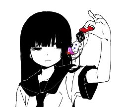 1girl bbyong403 blunt_bangs closed_mouth commentary discord discord_logo english_commentary greyscale hair_between_eyes holding instagram instagram_logo long_hair monochrome neckerchief one_eye_closed original sailor_collar school_uniform serafuku short_sleeves simple_background solo spot_color twitter twitter_x_logo upper_body youtube youtube_logo