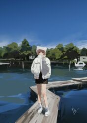 1girl absurdres beanie black_dress blue_eyes blue_sky blunt_bangs boots brown_eyes closed_mouth commentary day dress hand_in_pocket hat highres jacket k1llg long_sleeves looking_at_viewer original outdoors sky sleeves_past_wrists socks solo standing swan_boat symbol-only_commentary tree w water white_boots white_jacket white_socks