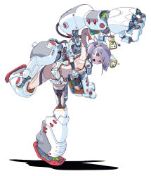 1girl absurdres android breasts commentary_request full_body grey_hair highres looking_at_viewer mecha_musume open_mouth original power_suit red_eyes science_fiction short_hair simple_background small_breasts smile solo standing standing_on_one_leg sukabu white_background