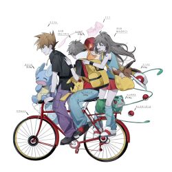 1girl 2boys backpack bag bicycle black_shirt blue_oak brown_hair bulbasaur charmander commentary eevee floating_hair from_side game_freak gen_1_pokemon hat highres holding leaf_(pokemon) legendary_pokemon long_hair mew_(pokemon) multiple_boys mythical_pokemon nintendo pants plant pleated_skirt poke_ball poke_ball_(basic) pokemon pokemon_frlg purple_pants red_(pokemon) red_vest riding riding_bicycle shirt shoes short_hair short_sleeves shoulder_bag simple_background skirt spiked_hair translation_request vest vines vs_seeker wartortle white_background white_footwear wristband x_grlo4 yellow_bag