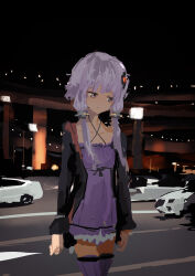 1girl absurdres arms_at_sides black_hoodie breasts car city_lights closed_mouth commentary_request cowboy_shot criss-cross_halter dress empire_waist expressionless hair_ornament halter_dress halterneck highres hood hood_down hoodie kabuyama_kaigi lamppost looking_to_the_side motor_vehicle night open_clothes open_hoodie outdoors overpass purple_dress purple_hair purple_thighhighs road short_dress short_hair_with_long_locks sidelocks small_breasts solo thighhighs urban vocaloid voiceroid walking yuzuki_yukari