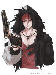 1boy black_gloves black_hair black_jacket closed_mouth collarbone final_fantasy final_fantasy_vii final_fantasy_vii_ever_crisis fingerless_gloves fur-trimmed_jacket fur_trim gloves gun hair_between_eyes handgun headband highres holding holding_gun holding_weapon hood hooded_jacket jacket jewelry long_hair long_sleeves male_focus multicolored_jacket necklace official_alternate_costume red_eyes red_headband red_shirt shirt solo two-tone_jacket upper_body v-neck vani_(hisha_04) vincent_valentine vincent_valentine_(stray_dog) weapon white_background white_jacket