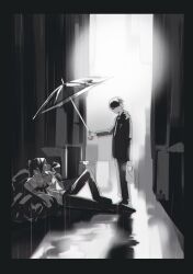Rule 34 | 2boys, arm hair, bag, black eyes, black hair, dark alleyway, from side, full body, glowing, hawaiian shirt, high ponytail, highres, holding, holding bag, hong lu (project moon), horizontal spotlight, knee up, limbus company, looking at another, male focus, multiple boys, offering umbrella, on ground, ponytail, project moon, rain, shirt, short hair, sidelocks, soda0606, spotlight, trash bag, umbrella, yi sang (project moon)