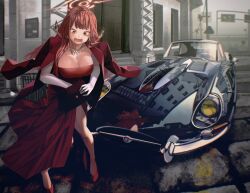 1girl absurdres artificialkaban aru_(blue_archive) aru_(dress)_(blue_archive) blue_archive breasts building car commentary commentary_request demon_horns dress english_commentary evening_gown furrowed_brow gloves halo high_heels highres holding horns jacket jacket_on_shoulders jaguar_(car) jaguar_e-type jewelry large_breasts long_hair mixed-language_commentary motor_vehicle necklace open_mouth orange_eyes outdoors red_dress red_jacket red_shoes reflective_surface shoes solo standing steering_wheel wavy_mouth white_gloves