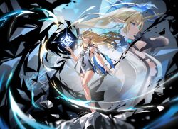 2girls absurdres bare_legs bare_shoulders barefoot black_collar black_dress blonde_hair blue_eyes blue_hair breasts cartethyia_(wuthering_waves) collar colored_inner_hair commentary_request crown_of_thorns dress dual_persona earrings feet fleurdelys_(wuthering_waves) floating_earrings hand_up highres horns huge_breasts jewelry korean_commentary legs long_hair long_horns looking_ahead medium_breasts multicolored_hair multiple_girls necklace pointy_ears sidelocks signature single_horn t3ku tabard toes very_long_hair white_tabard wuthering_waves yellow_horns