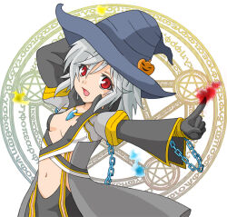 1girl black_gloves black_pants breasts chain coat commentary_request cowboy_shot crop_top gloves grey_coat grey_hair grey_hat hat index_finger_raised jack-o&#039;-lantern_hat_ornament long_hair looking_at_viewer magic_circle monou0135 navel open_clothes open_coat open_mouth pants ragnarok_online red_eyes shirt short_hair small_breasts solo suspenders warlock_(ragnarok_online) white_background white_shirt witch_hat
