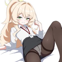 1girl black_pantyhose black_skirt blonde_hair blue_archive blush brown_pantyhose collared_shirt crotch_seam fluffy_hair green_eyes halo highres id_card io9 lanyard loli long_hair long_sleeves looking_at_viewer panties panties_under_pantyhose pantyhose pencil_skirt ponytail professor_niyaniya_(blue_archive) professor_niyaniya_(teacher)_(blue_archive) shirt side_ahoge simple_background skirt smile solo thighband_pantyhose underwear very_long_hair white_background white_panties white_shirt yellow_halo