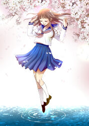 1girl arms_up blue_skirt brown_hair cherry_blossoms closed_eyes full_body highres loafers long_hair mandaringo neckerchief original parted_lips pleated_skirt red_neckerchief school_uniform serafuku shirt shoes skirt socks solo water white_shirt white_socks