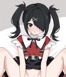 1boy 1girl ame-chan_(needy_girl_overdose) black_eyes black_hair blush dress hair_ornament hair_over_one_eye hairclip hetero highres inami_(x_spidekawaii_x) long_hair looking_at_viewer needy_girl_overdose nose_blush out-of-frame_censoring paid_reward_available pov ribbon sex shirt sleeveless solo_focus spread_legs sweat twintails vaginal white_shirt